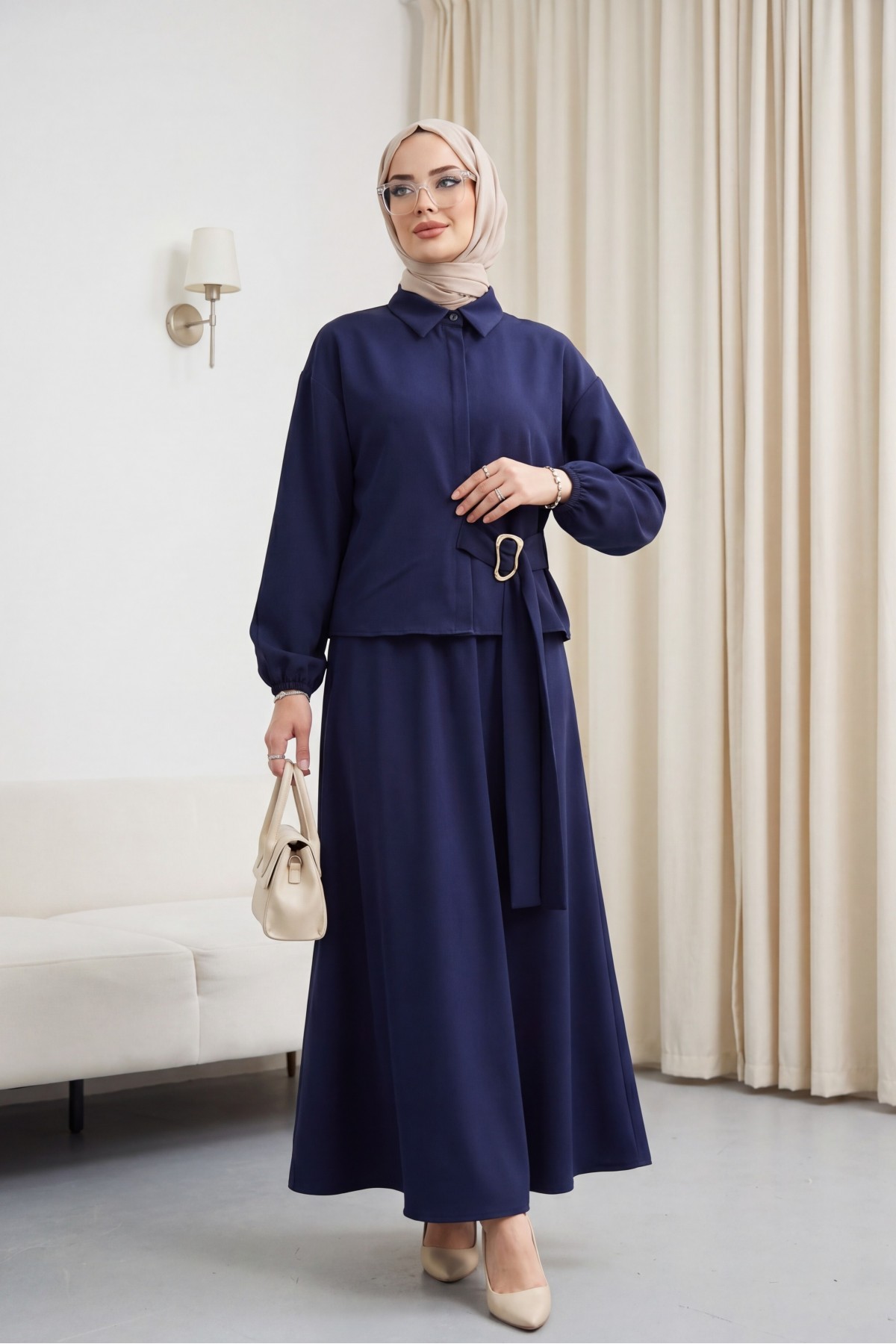 Crepe Set with Elasticated Sleeves, Button Front, and Side Tie Skirt -Navy blue