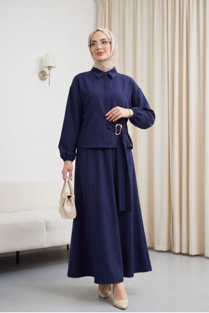 Crepe Set with Elasticated Sleeves, Button Front, and Side Tie Skirt -Navy blue