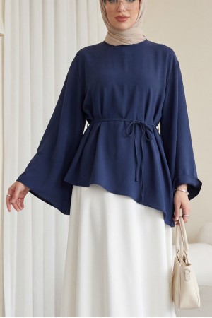Asymmetrical Cut, Drawstring Waist, Oversize Modal Tunic -Navy blue