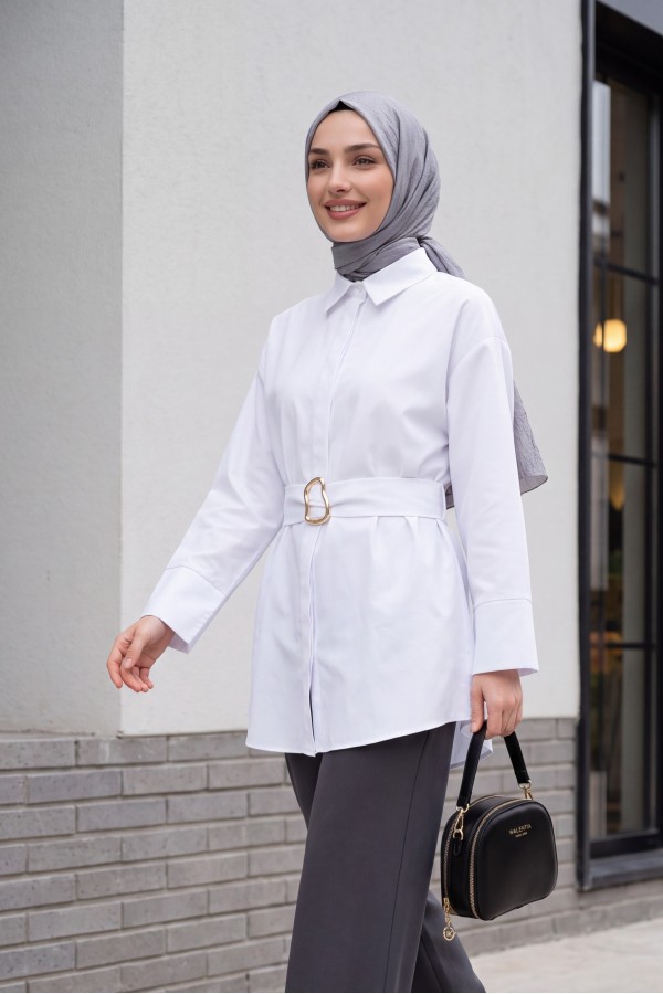 Tokalı Kemerli Duble Manşet Kol Gizli Düğmeli Poplin Tunik -Beyaz
