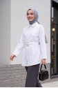 Tokalı Kemerli Duble Manşet Kol Gizli Düğmeli Poplin Tunik -Beyaz