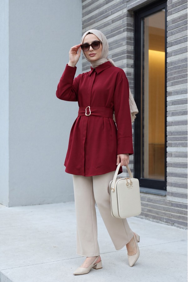 Tokalı Kemerli Duble Manşet Kol Gizli Düğmeli Poplin Tunik -Bordo