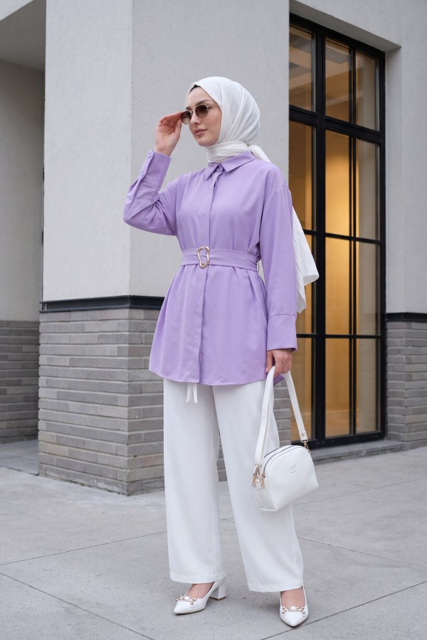 Tokalı Kemerli Duble Manşet Kol Gizli Düğmeli Poplin Tunik -Lila