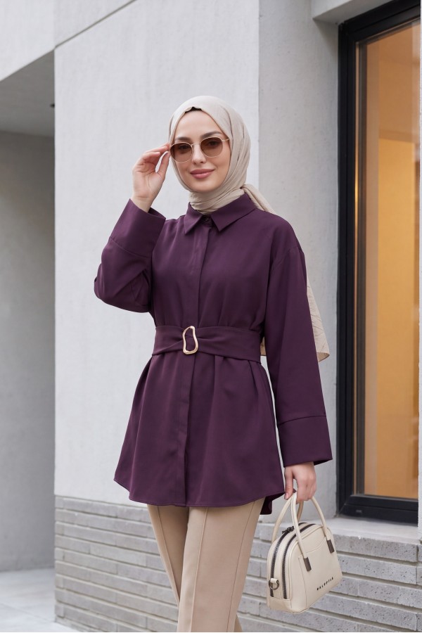 Buckled Belted Double Cuff Sleeve Concealed Button Poplin Tunic -Damson