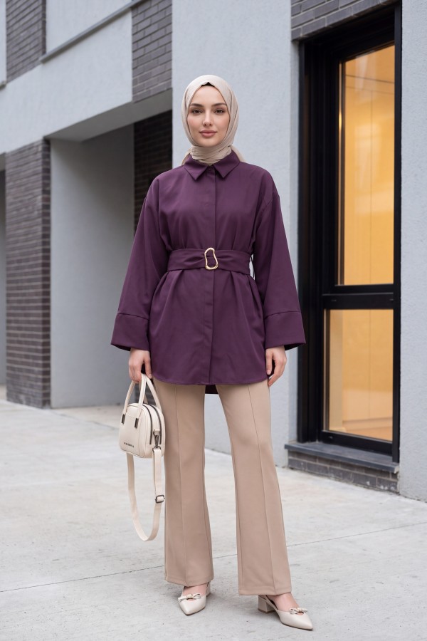 Buckled Belted Double Cuff Sleeve Concealed Button Poplin Tunic -Damson