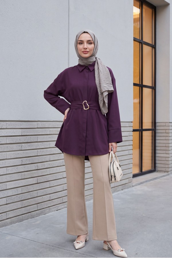 Buckled Belted Double Cuff Sleeve Concealed Button Poplin Tunic -Damson
