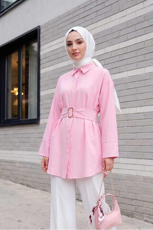 Tokalı Kemerli Duble Manşet Kol Gizli Düğmeli Poplin Tunik -Pembe