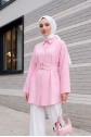 Tokalı Kemerli Duble Manşet Kol Gizli Düğmeli Poplin Tunik -Pembe