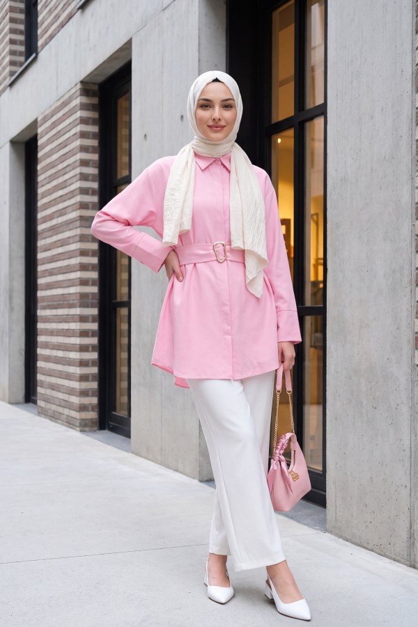 Tokalı Kemerli Duble Manşet Kol Gizli Düğmeli Poplin Tunik -Pembe