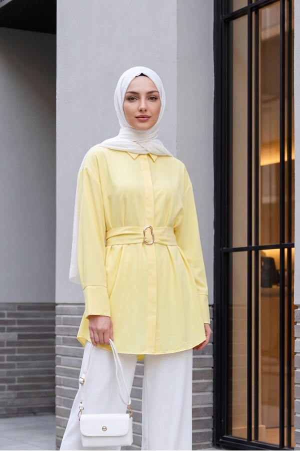 Tokalı Kemerli Duble Manşet Kol Gizli Düğmeli Poplin Tunik -Sarı