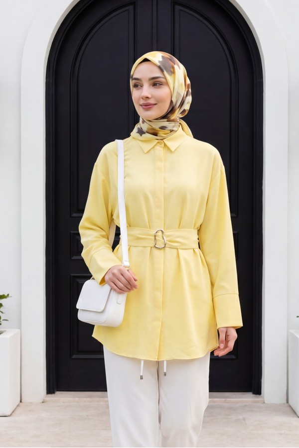 Tokalı Kemerli Duble Manşet Kol Gizli Düğmeli Poplin Tunik -Sarı