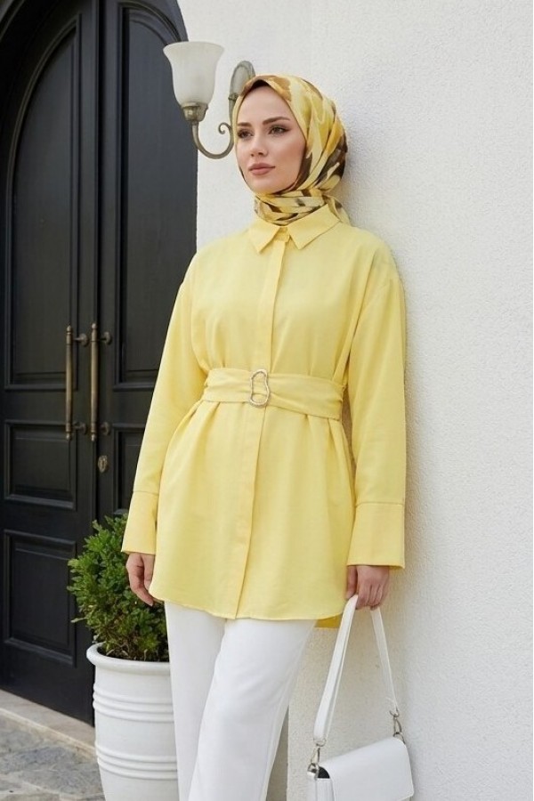 Buckled Belted Double Cuff Sleeve Concealed Button Poplin Tunic -Yellow