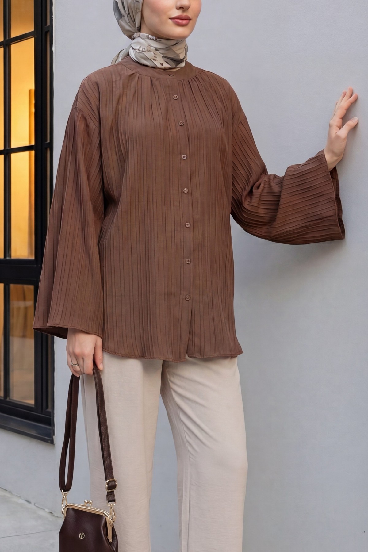 Round Neck Buttoned Spanish Sleeve Siena Tunic  -Brown