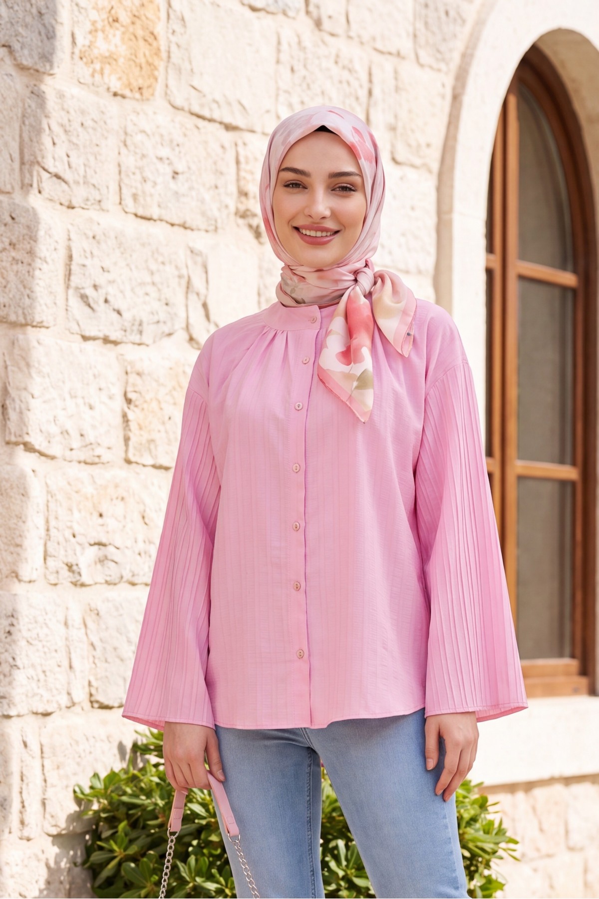 Yuvarlak Yaka Düğmeli İspanyol Kol Siena Tunik   -Pembe