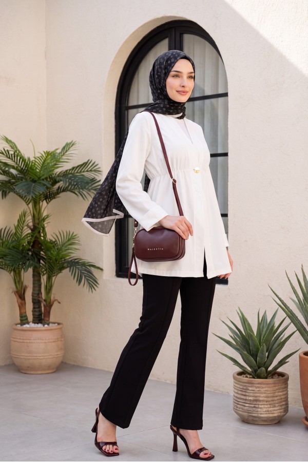 Beli Lastikli Kolu Katlamalı Tek Düğmeli Krep Kimono -Beyaz