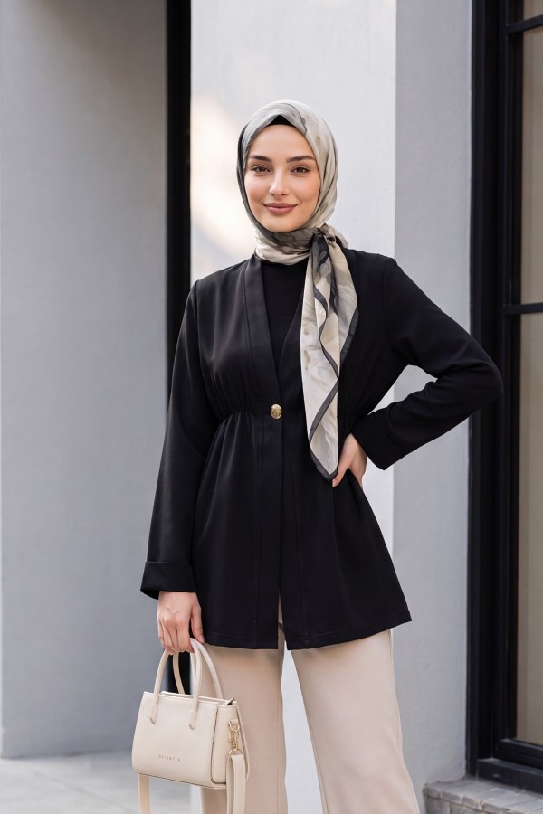 كيمونو من الكريب بخصر مطاطي وأكمام قابلة للطي وزر واحد -أسود