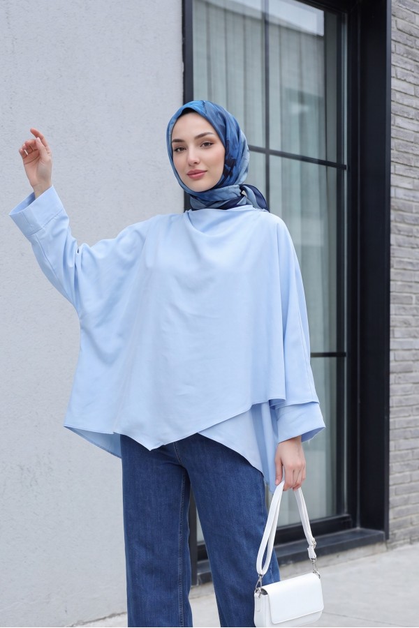 Button-Shoulder Batwing Sleeve Modal Kimono Poncho -Baby Blue