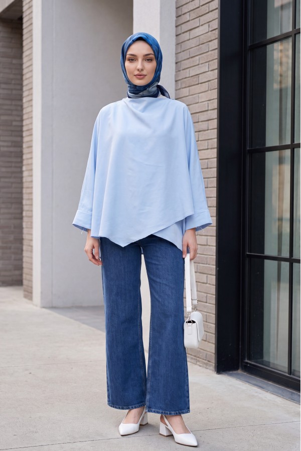 Button-Shoulder Batwing Sleeve Modal Kimono Poncho -Baby Blue