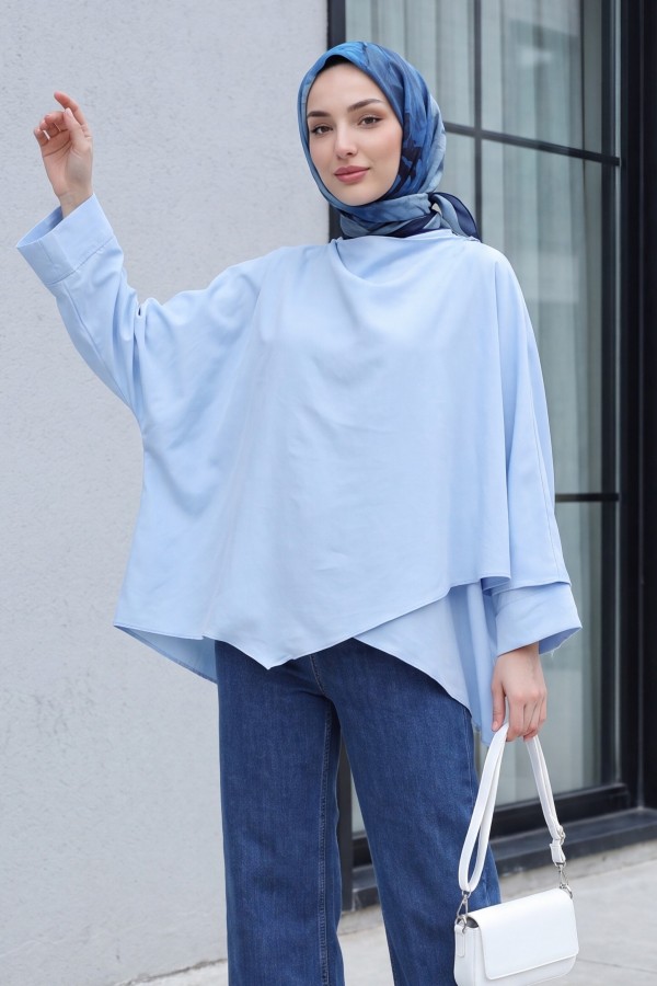 Omuzu Düğmeli Yarasa Kol Modal Kimono Panço -Bebe Mavi