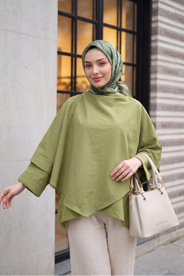 Button-Shoulder Batwing Sleeve Modal Kimono Poncho -Khaki
