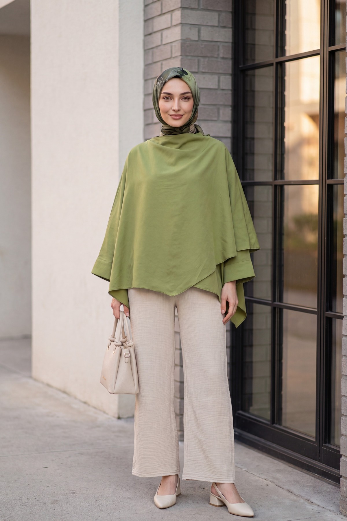 Button-Shoulder Batwing Sleeve Modal Kimono Poncho -Khaki