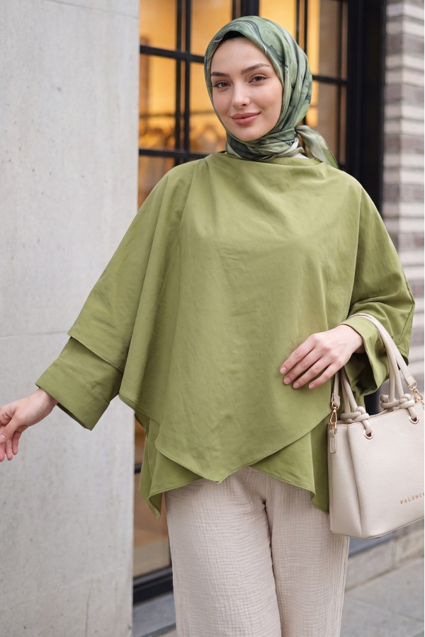 Omuzu Düğmeli Yarasa Kol Modal Kimono Panço -Haki