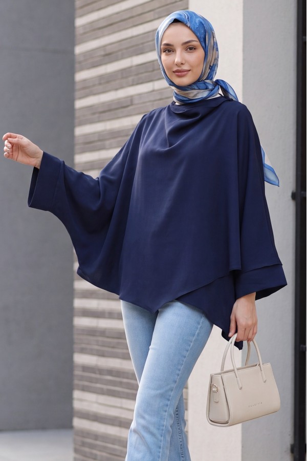 Omuzu Düğmeli Yarasa Kol Modal Kimono Panço -Lacivert