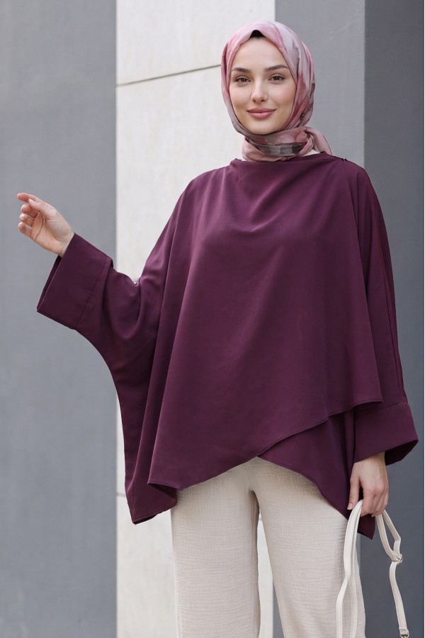 Omuzu Düğmeli Yarasa Kol Modal Kimono Panço -Mürdüm