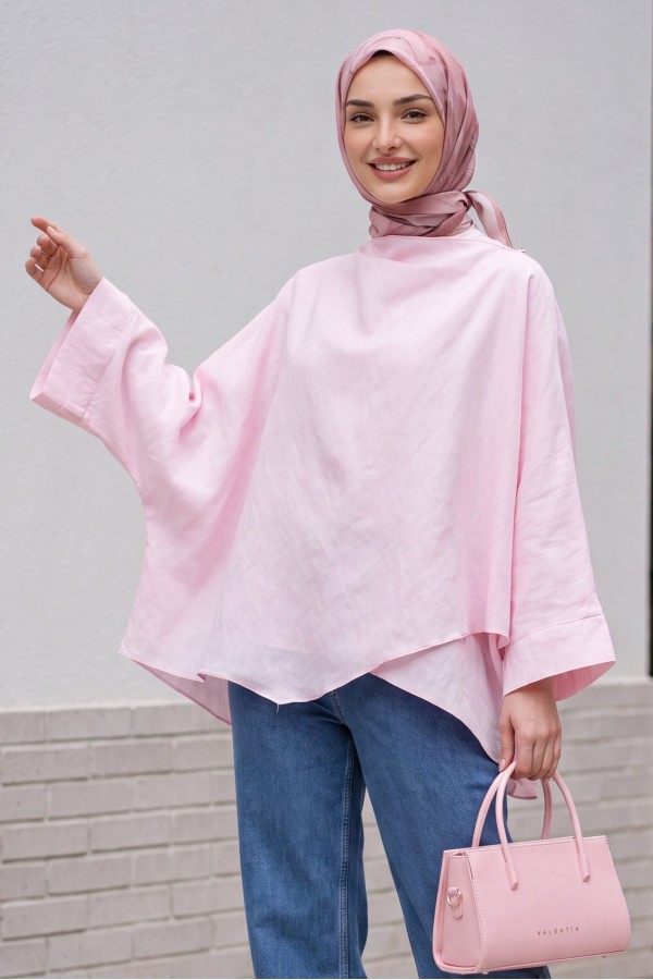 Omuzu Düğmeli Yarasa Kol Modal Kimono Panço -Pudra