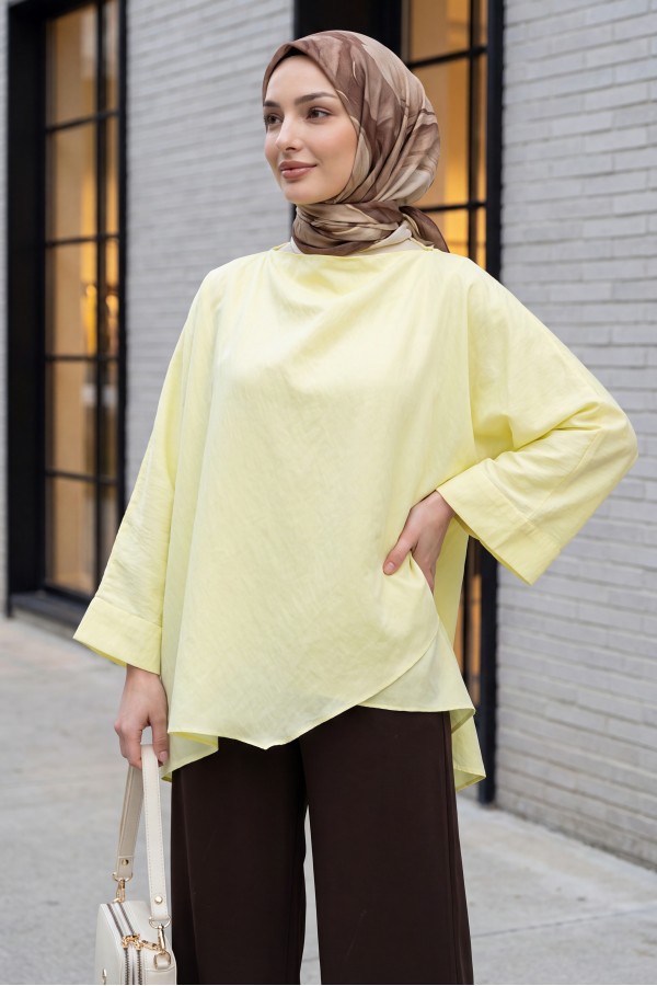 Omuzu Düğmeli Yarasa Kol Modal Kimono Panço -Sarı
