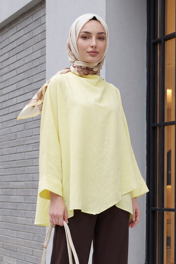 Omuzu Düğmeli Yarasa Kol Modal Kimono Panço -Sarı