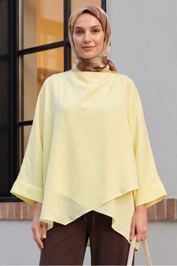 Omuzu Düğmeli Yarasa Kol Modal Kimono Panço -Sarı