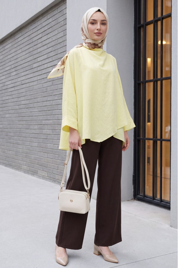 Omuzu Düğmeli Yarasa Kol Modal Kimono Panço -Sarı