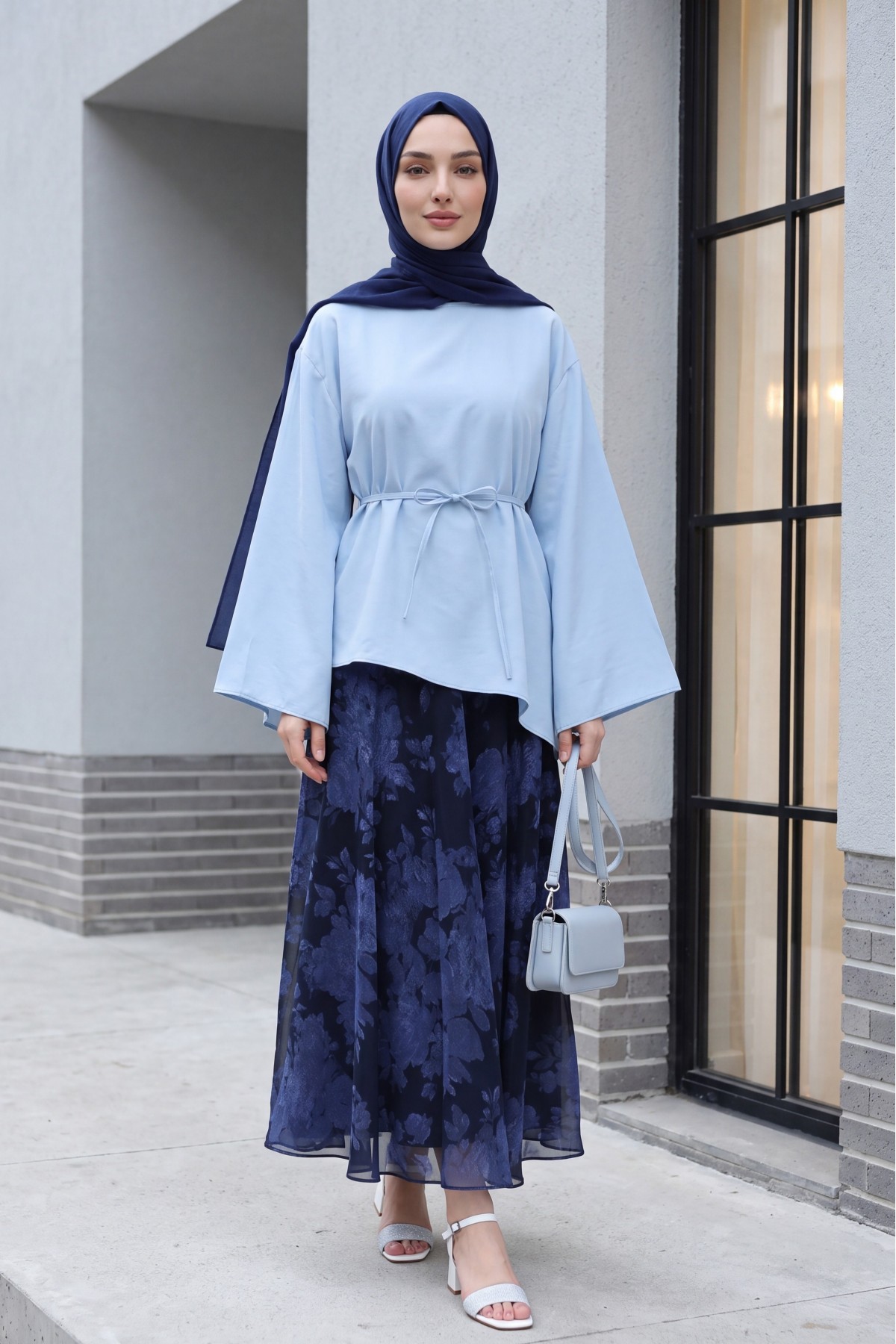Asimetrik Kesim Beli Bağcıklı Oversize Modal Tunik  -Bebe Mavi