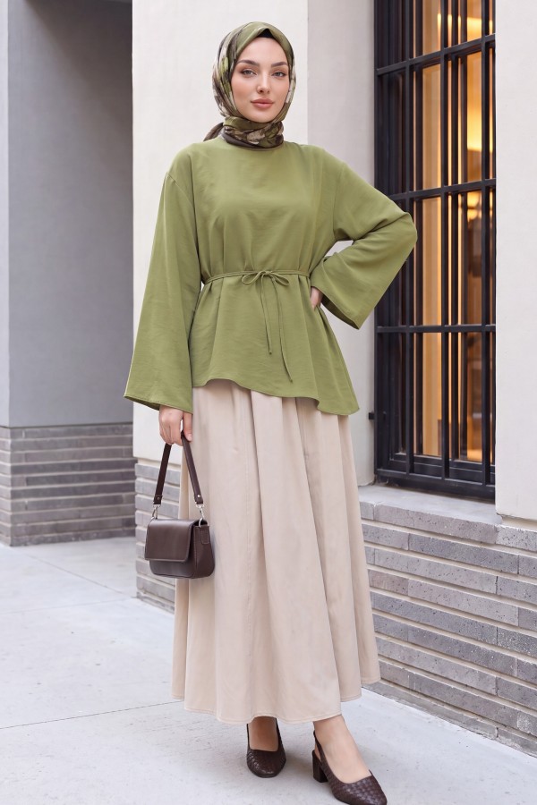 Asymmetrical Cut, Drawstring Waist, Oversize Modal Tunic  -Cagla Green