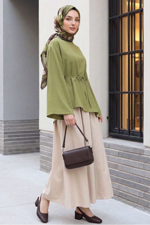 Asymmetrical Cut, Drawstring Waist, Oversize Modal Tunic  -Cagla Green