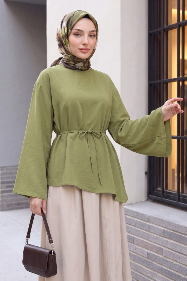 Asymmetrical Cut, Drawstring Waist, Oversize Modal Tunic  -Cagla Green