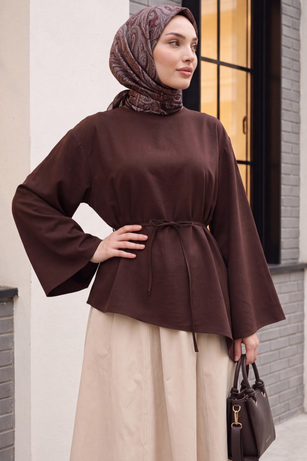 Asymmetrical Cut, Drawstring Waist, Oversize Modal Tunic  -Dark Coffee