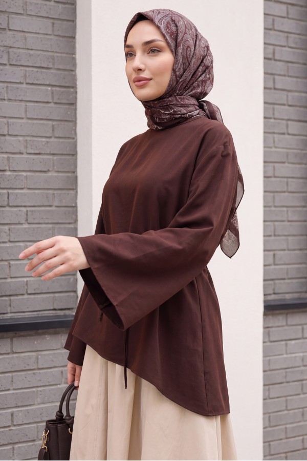 Asymmetrical Cut, Drawstring Waist, Oversize Modal Tunic  -Dark Coffee