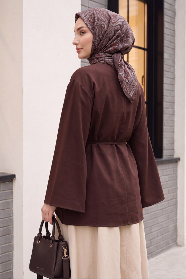 Asymmetrical Cut, Drawstring Waist, Oversize Modal Tunic  -Dark Coffee