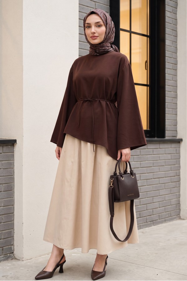 Asymmetrical Cut, Drawstring Waist, Oversize Modal Tunic  -Dark Coffee