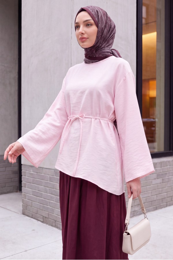 Asymmetrical Cut, Drawstring Waist, Oversize Modal Tunic  -Powder