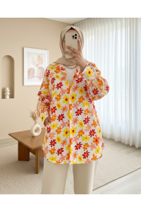Çiçek Desen Arkası Uzun Gömlek -Turuncu