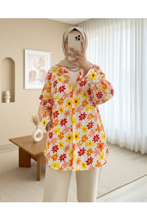 Çiçek Desen Arkası Uzun Gömlek -Turuncu