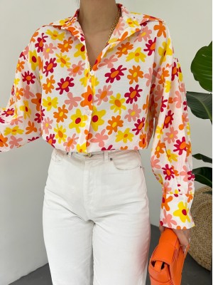 Çiçek Desen Arkası Uzun Gömlek -Turuncu