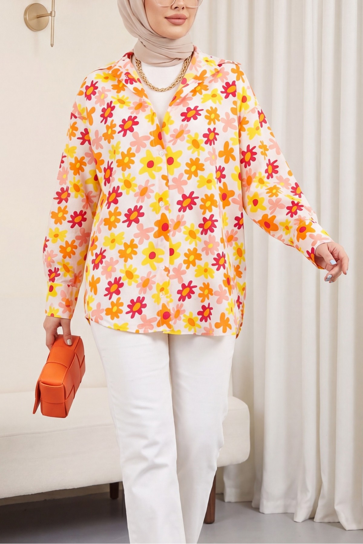 Floral Pattern Back Long Shirt -Orange