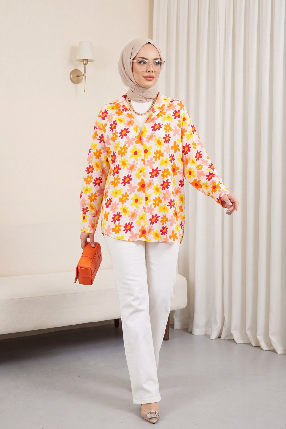 Floral Pattern Back Long Shirt -Orange
