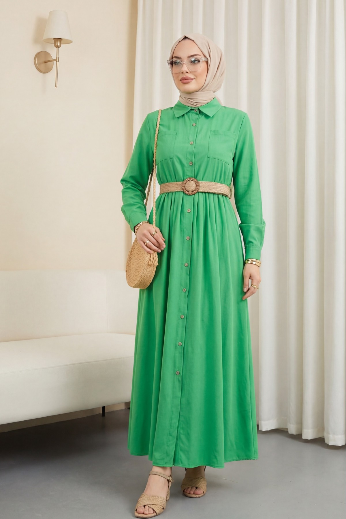 Button Down Belted Shirt Dress -Green