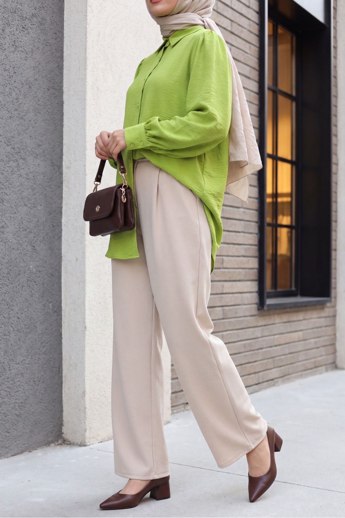 Balloon Sleeve Plain Tunic  -PISTACHIO GREEN detay görseli