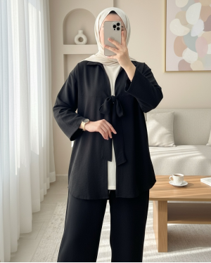 Önden Bağlamalı Yazlık Kimono -Siyah